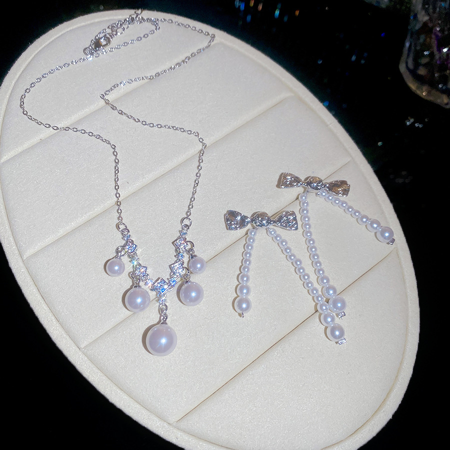 French vintage zircon pearl necklace earring set, exquisite and elegant, versatile, light luxury, high-end jewelry for women-image-1104536840