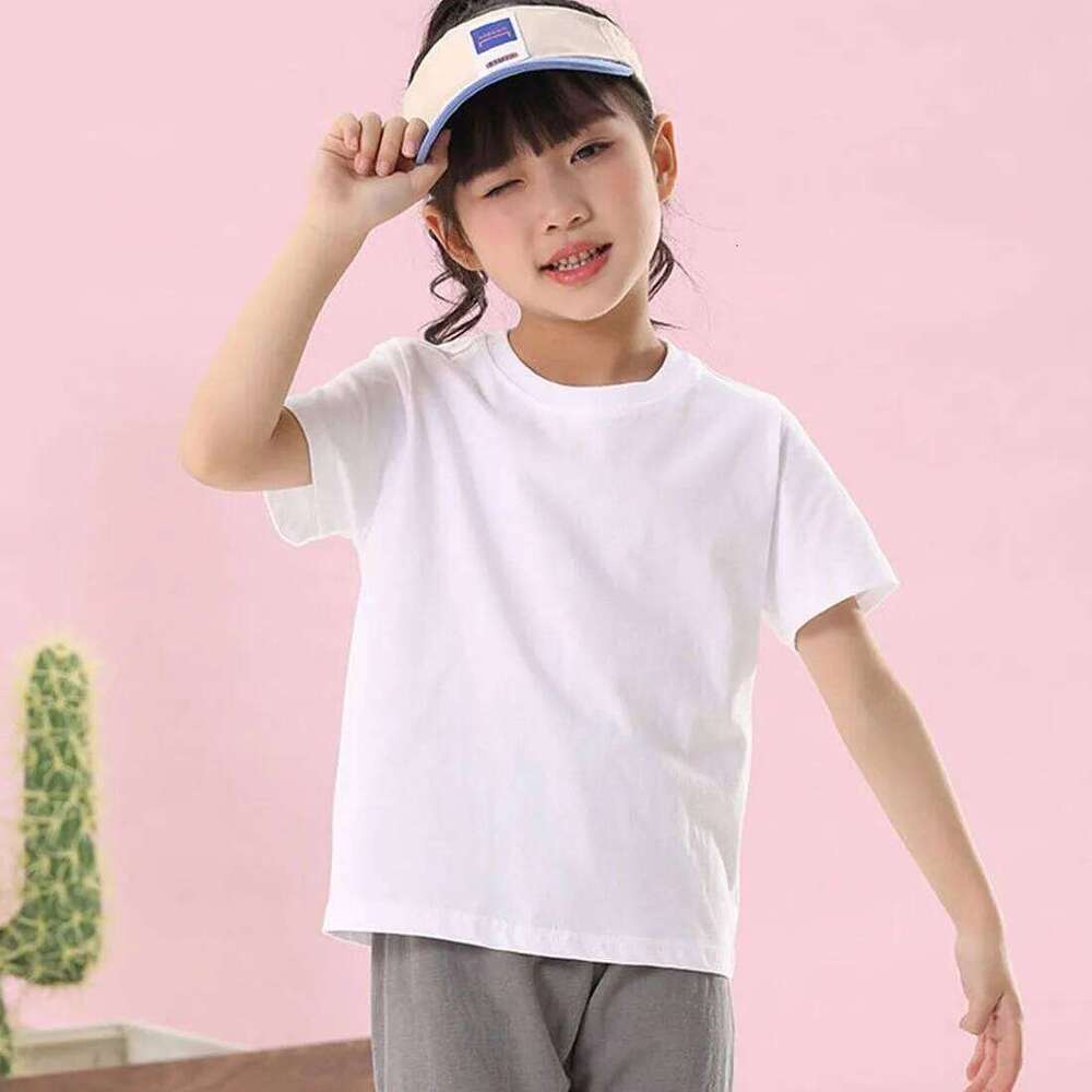 Cotton 180gsm Fabric Children Boy Girl T shirt 2025 New Summer Women Short Sleeve T-Shirt Cute Style White Solid Color Tops 26W0504