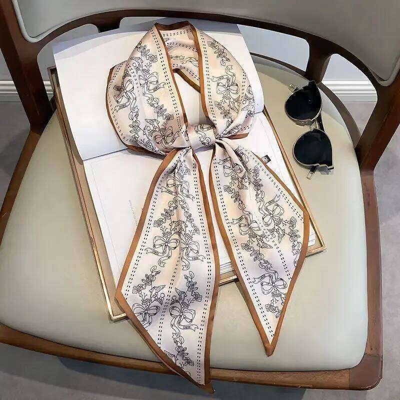 Fashion Bevel Print Hair Ribbon Scarf Women Neck Tie Bag Scarfs Satin Silk Skinny Headscarves Ladies Headband Foulard Gift 26L0504
