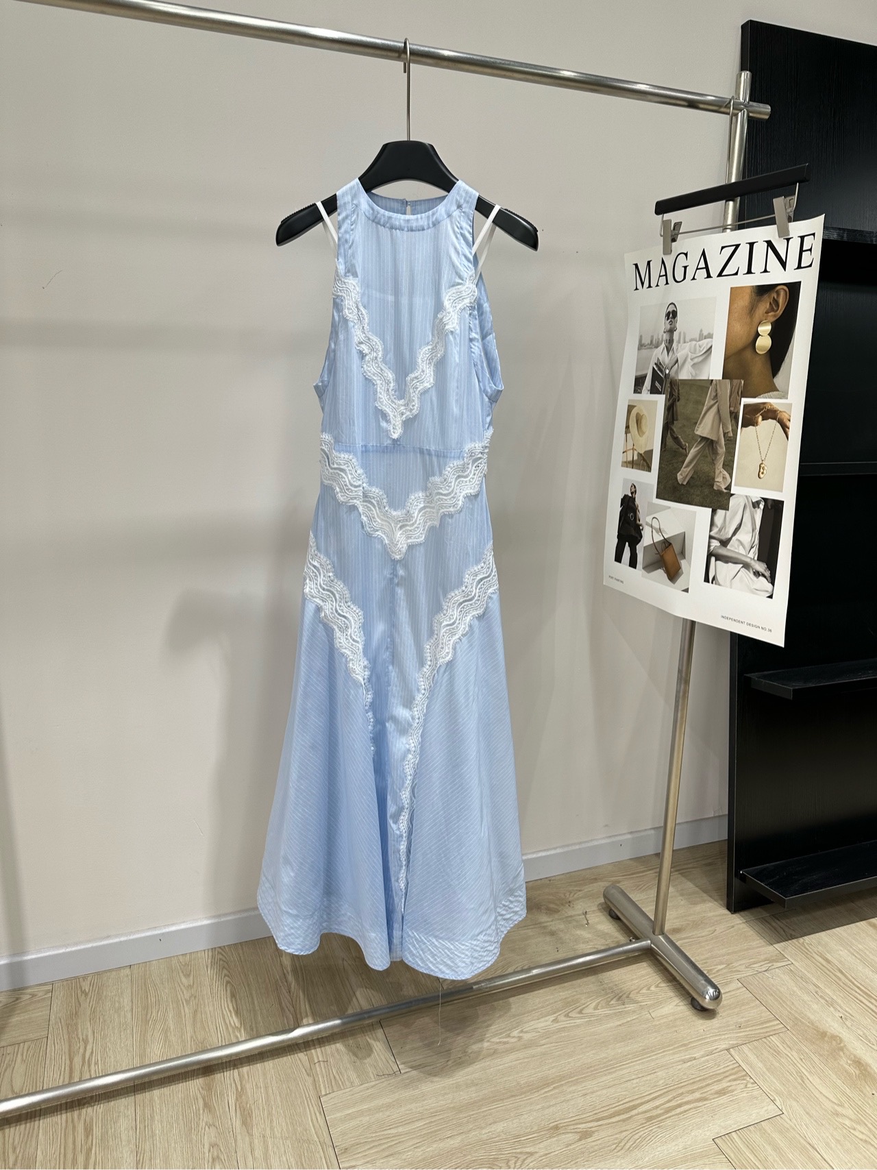 Light Blue and White Striped Lace Hanging Neck Tank Top Dress