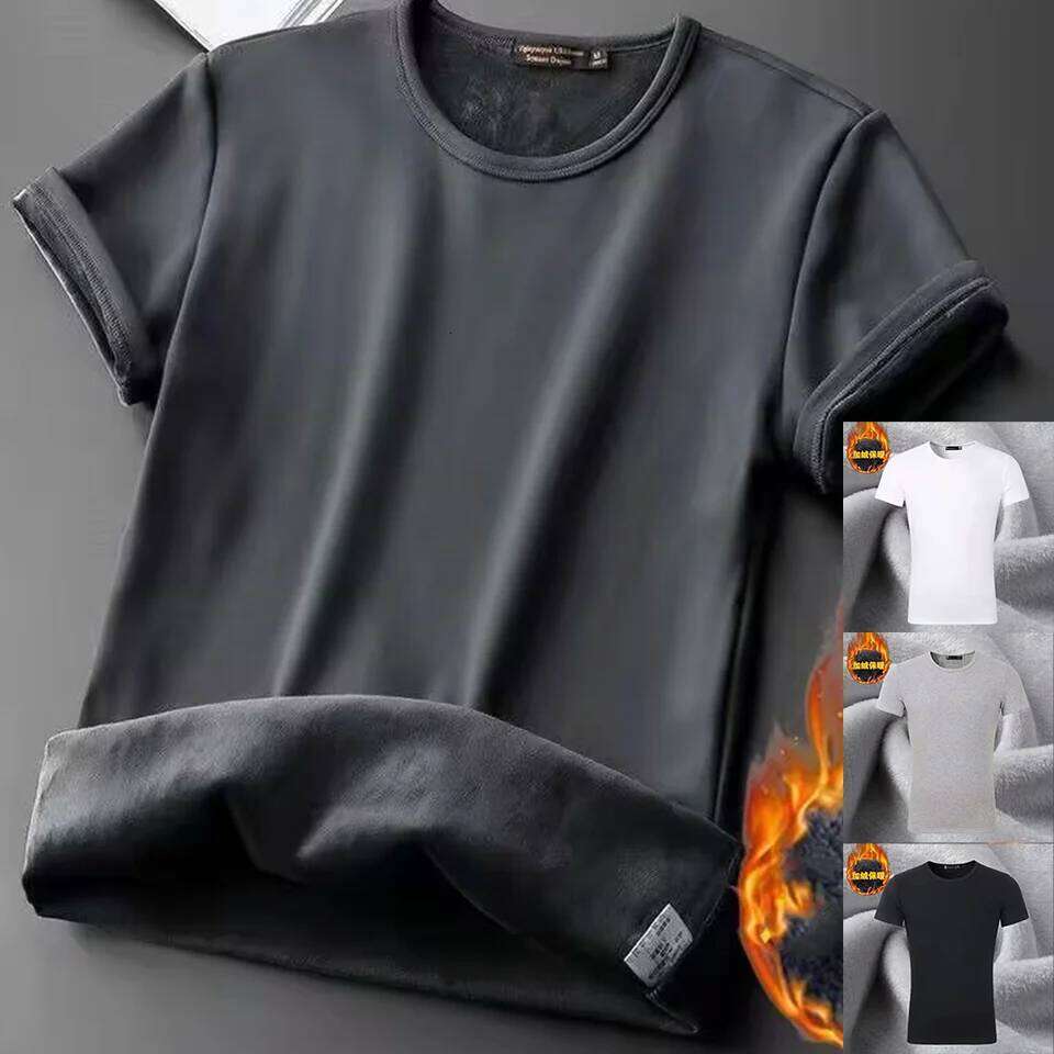 Winter Men's Velvet T-shirt Base Shirt O-neck V-neck Man Warm Underwear Half Top Thermal Short Sleeve Bottom
