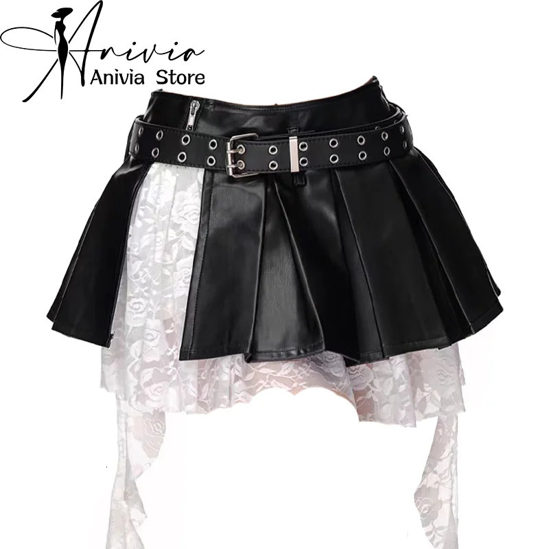 Womens Black Gothic Spliced Lace Edge A-line Mini Skirt Y2K Harajuku 2000s Style Academy Retro Cute Short Skirt Clothing 260430