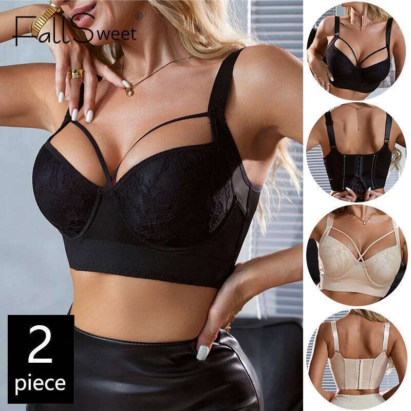 FallSweet 2PCS Women Full Back Coverage Underwire Bra Seamless Plus Size Lace Push Up Bralette Deep Cup Bras Female Lingerie