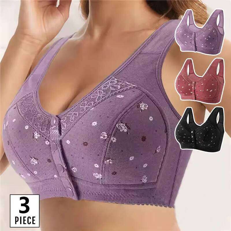 FallSweet 3Pcs/Set Front Closure Bra for Women Plus Size Bras Seamless Wireless Bralette Lace Brassiere Sexy Ladies Lingerie
