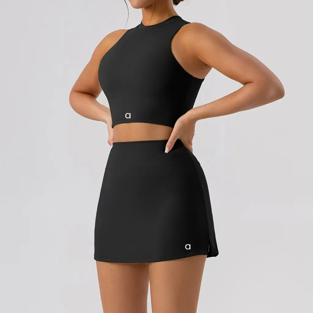 Women 2 Piece Yoga Outfit Sleeveless Tank Top and Mini Skirt Set Breathable Stretch Activewear for Gym Fitness Pilates Running Tennis Casual Daily S
