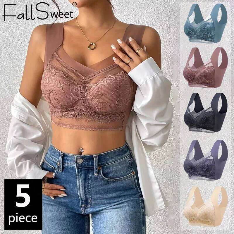 FallSweet 5PCS Plus Size Bras for Women Lace Wireless Push Up Bralette Ice Silk Deep V Comfortable Mom Lingerie Underwear L-5XL