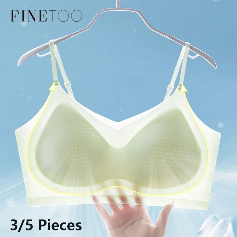 FINETOO Womens Plus Size Ice Silk Seamless Bra Set, 3/5-Pcs Padded Wireless Bras with Thin Mold Cups, Light Green Breathable Lingerie