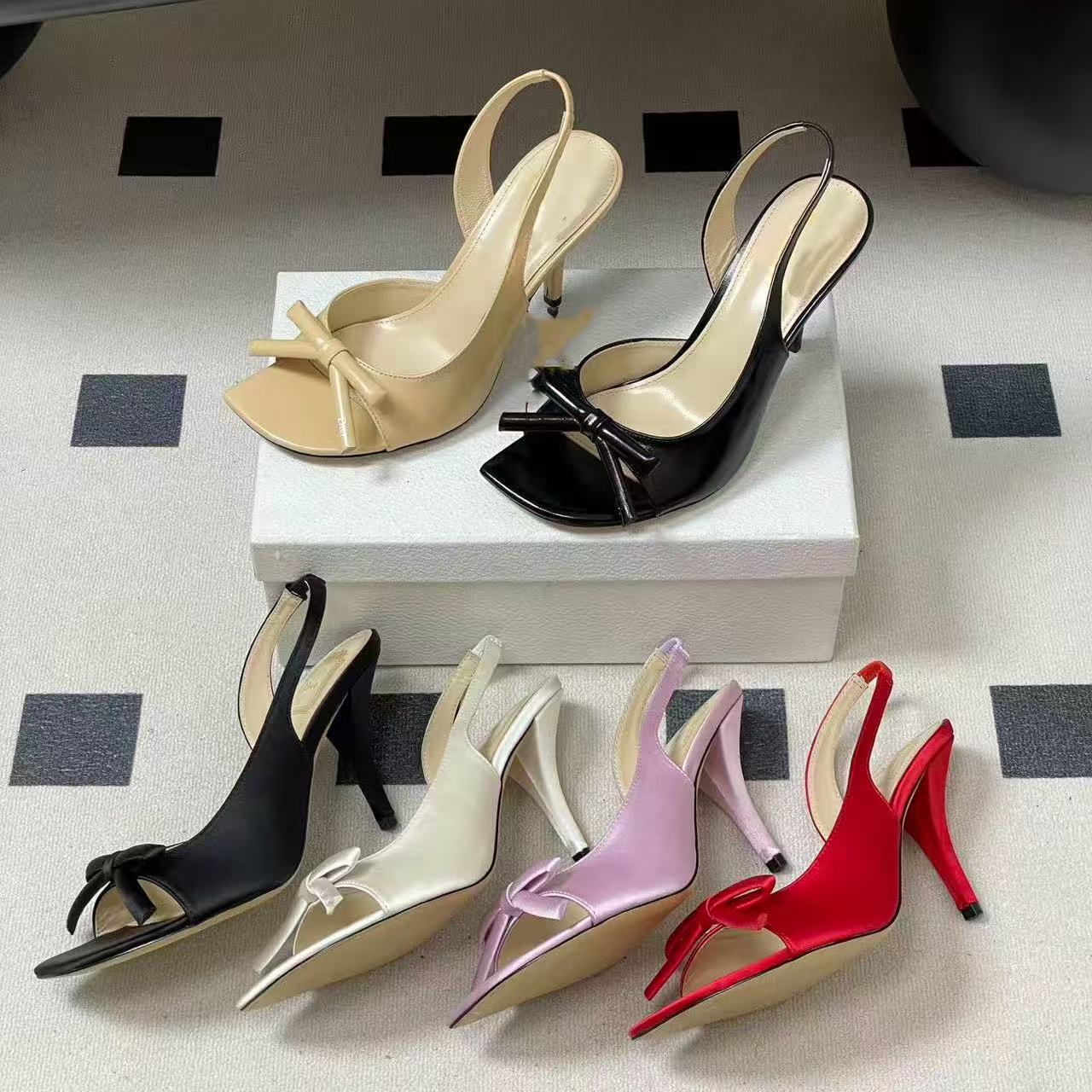 Top Designer 2026 Spring Summer Open Toes Square Toes Bowtie High Heels Genuine Leather Sole Elegant and Comfortable Perfect for Women Size 35-41 wi
