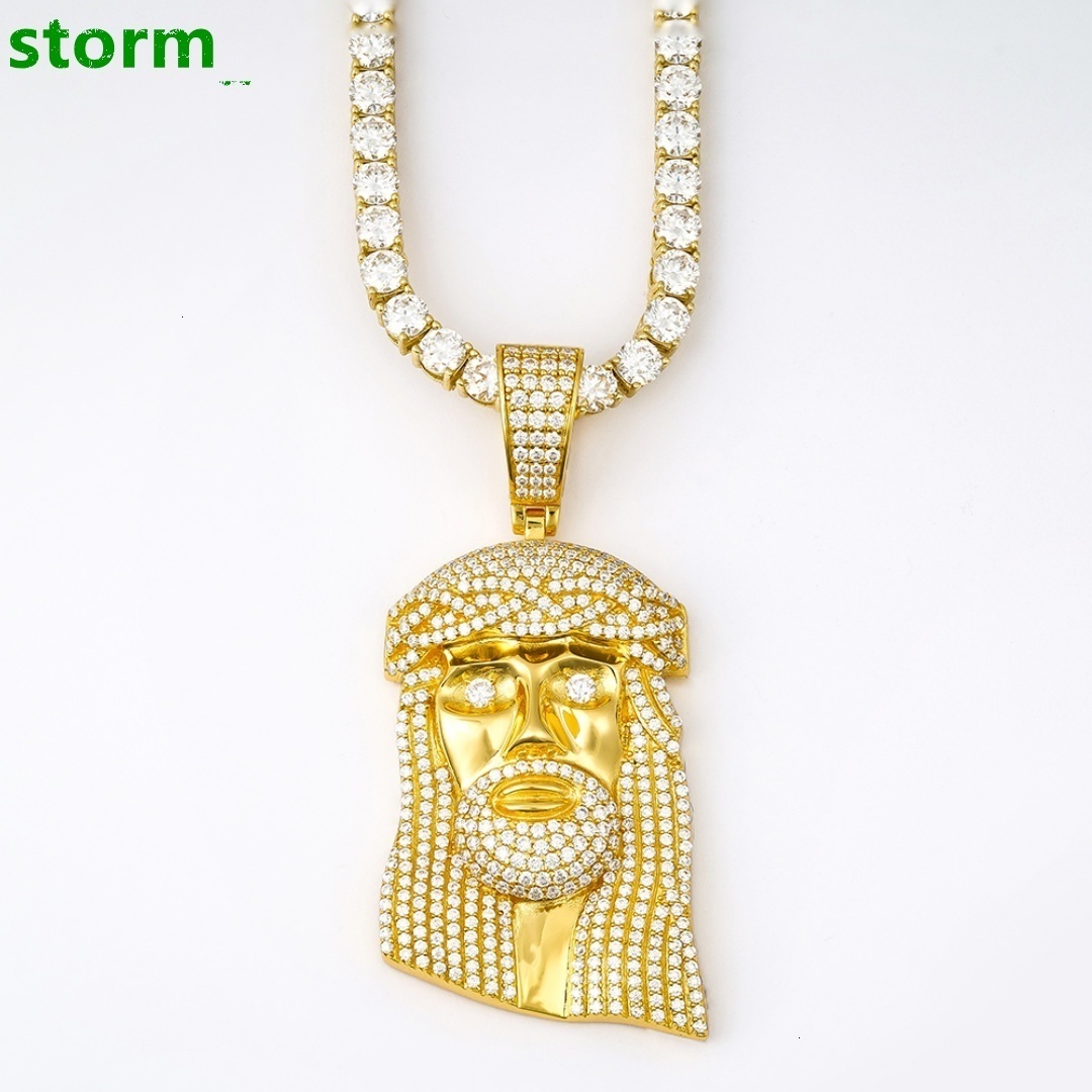 Yellow Gold Color 925 Silver Hip Hop Ice Gra Vvs Cuban Tennis Necklace Chain GRA Certified Round Moissanite Unisex Jesus Pendant