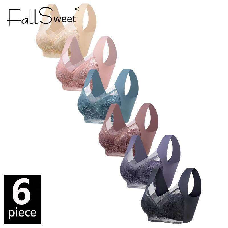FallSweet 6PCS Ice Silk Lace Bras for Women Wireless Push Up Bralette Deep V Plus Size Brassiere Soft Lingerie Mom Underwear
