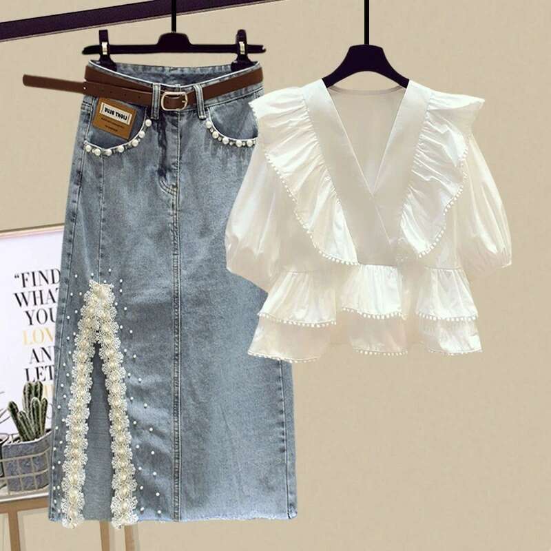 Elegant Sophisticated Women's Summer New Set: Ruffled V-Neck Chiffon Top And Bodycon Denim Skirt Two-Piece Set MAKOUFEI