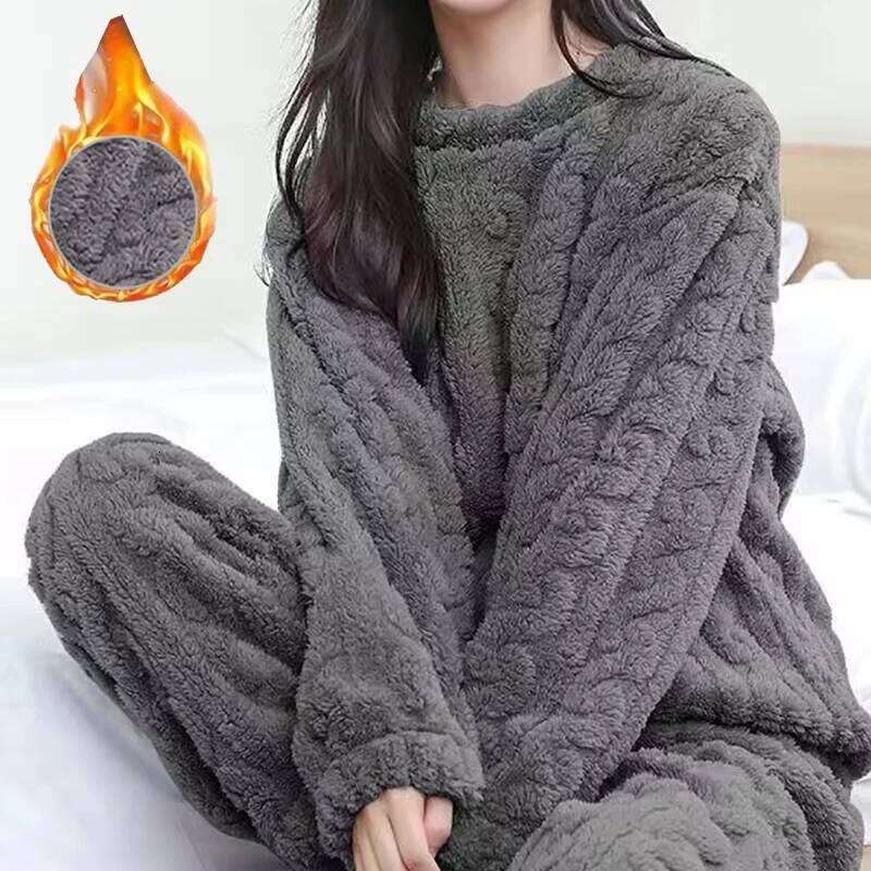 Autumn Solid Warm 2 Piece Thicken Velvet Ribbed Fleece Set Pullover and Pants Women Casual Pajama Sets