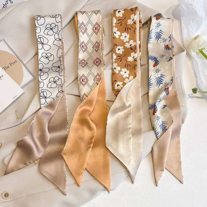 4pcs Skinny Bag Ribbon Scarfs for Women Fashion Print Soft Satin Hairband Foulard Neckerchief Female Neck Tie Hair Scarf 26H0505