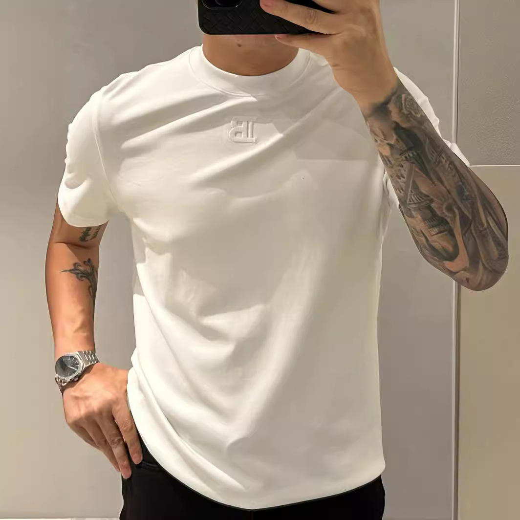 Summer High Quality Letter Embroidery Wrinkle-resistant Mens Designer Clothes Solid Color Short Sleeve T-shirt Essential Men Slim Fit European Style