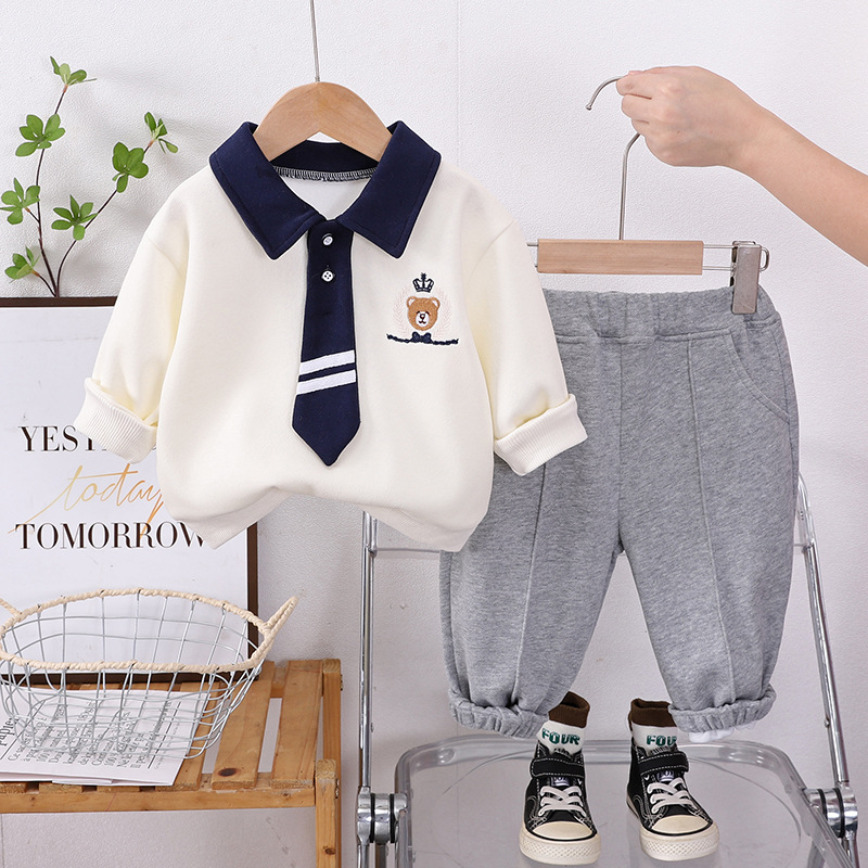Todler Girls Boutique Outfits Spring Autumn Baby Girl Clothes 2 Piece Set Cartoon Embroidery Bear Turn-down Collar Long Sleeve Sweatshirt and Pan-image-1104644182