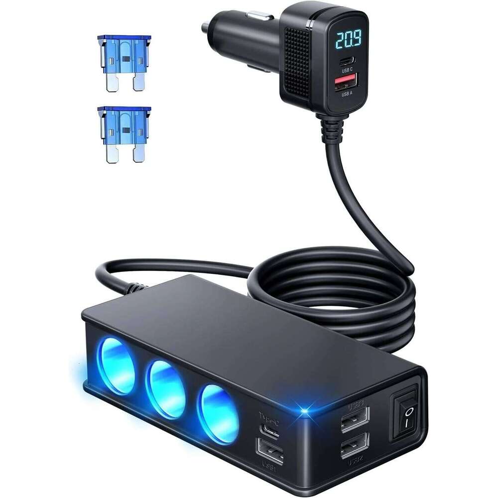 9 in 1 Cigarette Lighter Splitter,148W 3-Socket Multi Port Outlet Car Charger PD30W and 4 USB-A QC3.0 18W with LED Display