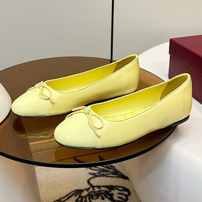 Womens Fashionable Sunshine Yellow Ballet Flat Bow Decorated Ballet Shoes Patent Leather Slip On Flat Shoes Round Toe Ballerinas Daily Wear Party Of