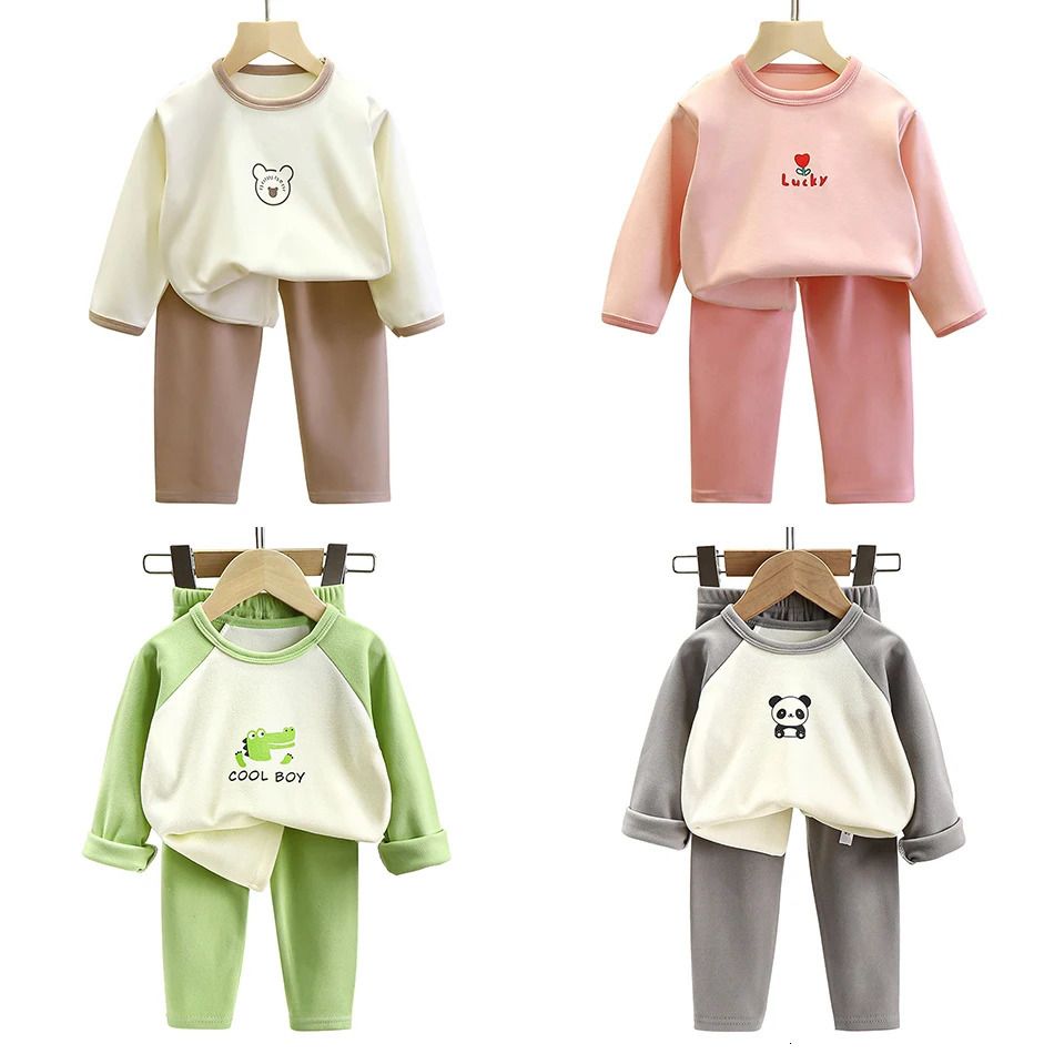 w1578 Boys Girls Warm Lined Children Sleepwear Autumn Winter Soft Fleece Pajamas Set Kids Comfortable and Cozy Homewear Outfit Clothes