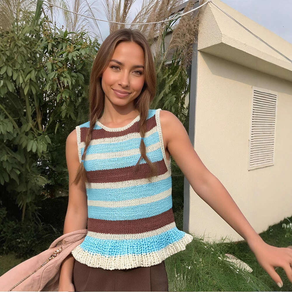 Casual Versatile Striped Round-Neck Lace Hem Slim-Fit Tank Top For Women Cross-Border European And American Style Summer New Arrival Makoufei