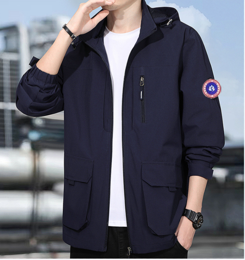 Mens Jackets Designer Outdoor Windproof Travel Wear Sporty Fashion Men's Solid Patched Pocket Zip Up Hooded Jacket Hiking Coat Windbreaker