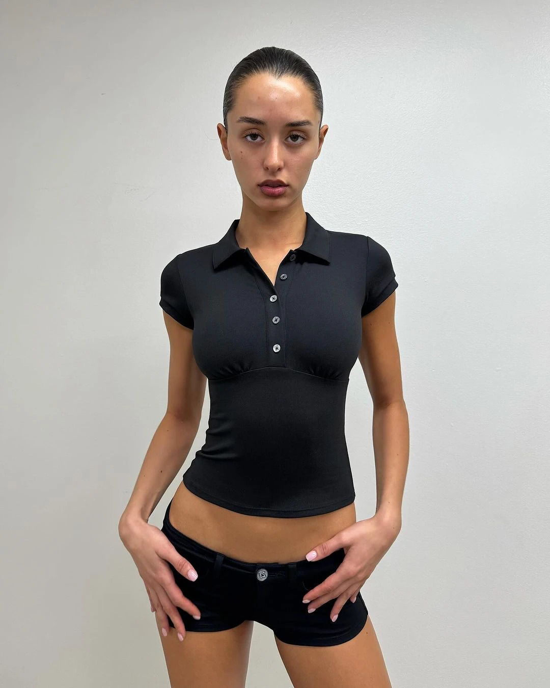 Tank Black Polo Collar T-Shirt Slim Fit and Sexy Short-Sleeved Summer Womens Short Top 260430