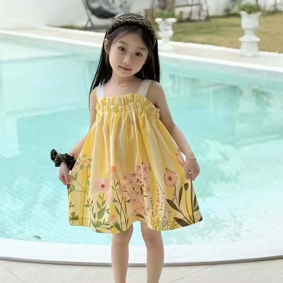 Brand Kids Girls Floral Letter Pleated Dresses Babies Designer Princess Tulle Lace Childrens Luxury Cotton Beach Dress Skirts Baby Clothes size 90cm