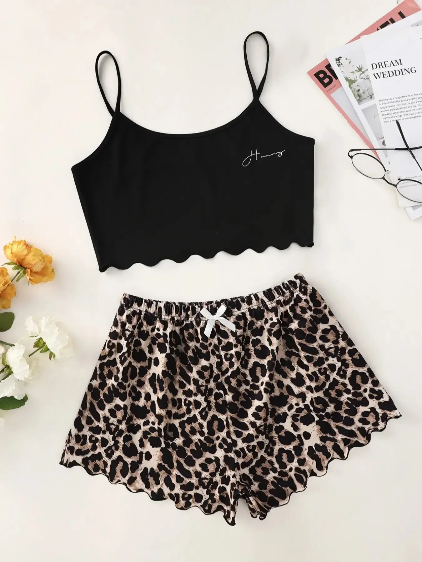 Womens Pajamas Set Sexy Lingerie Leopard Print Sling Sleepwear V-Neck Sleeveless Top and Shorts Sets Pyjamas Homewear 260430