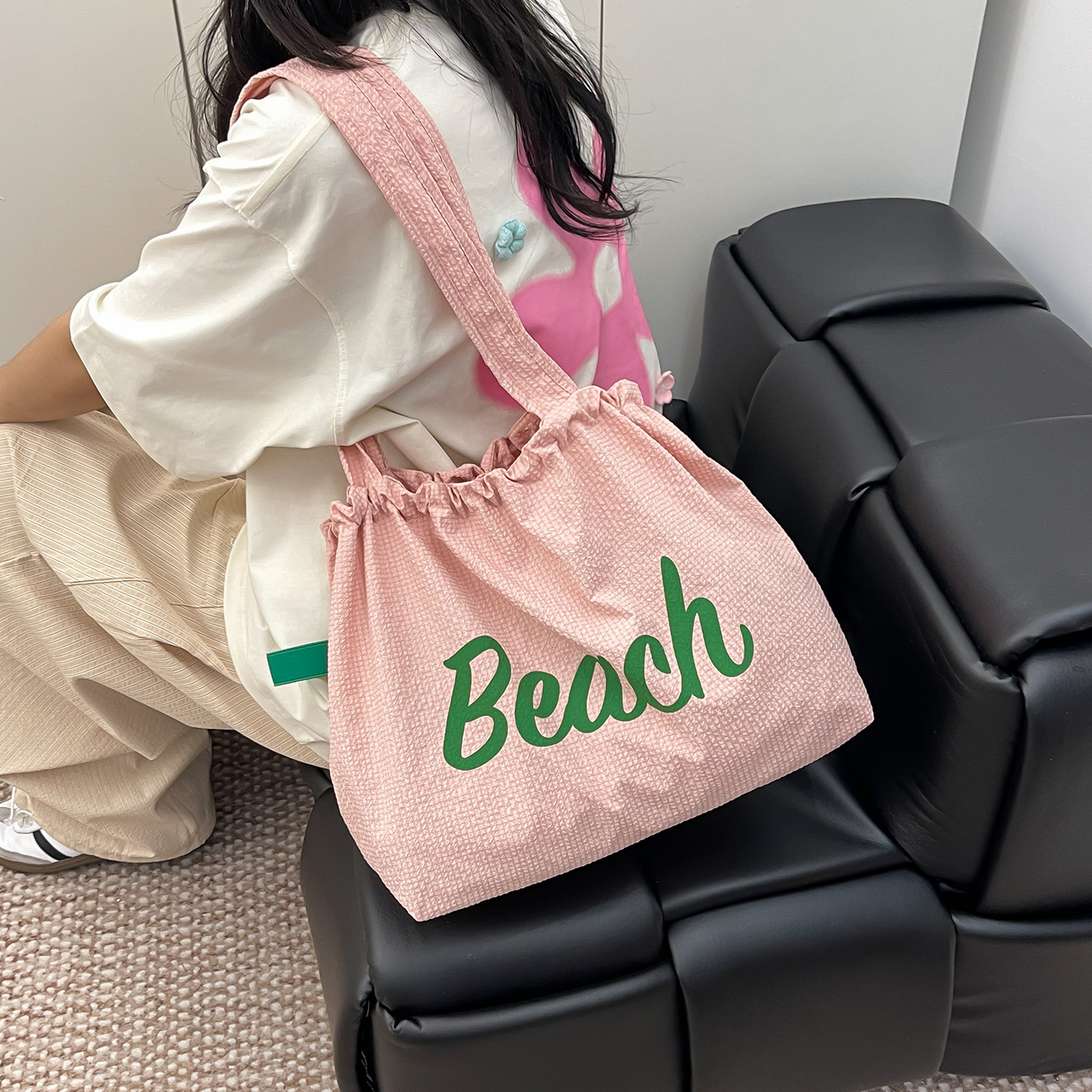Korean Version of The Letter Drawstring Large-capacity Bag Ins New Commuter Shoulder Tote Bag Tote Foldable Bag