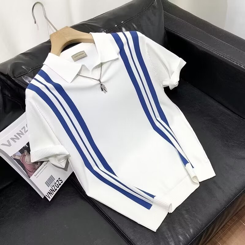 Designer Short-sleeved Shirt Luxurious Men's T-shirt Ice-silk Knitted Short-sleeved Summer Half-sleeve Men's Top - Casual Style - Large Si