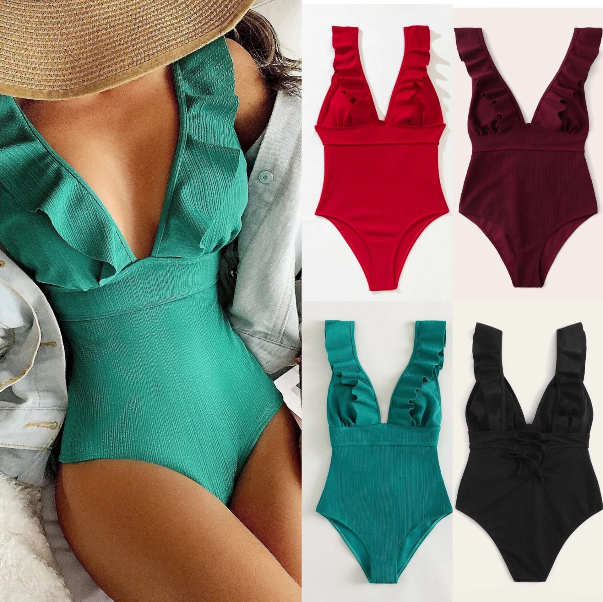 2025 New One-Piece Bikini with Special Solid Color Fabric Ruffle Trim and Backless Design