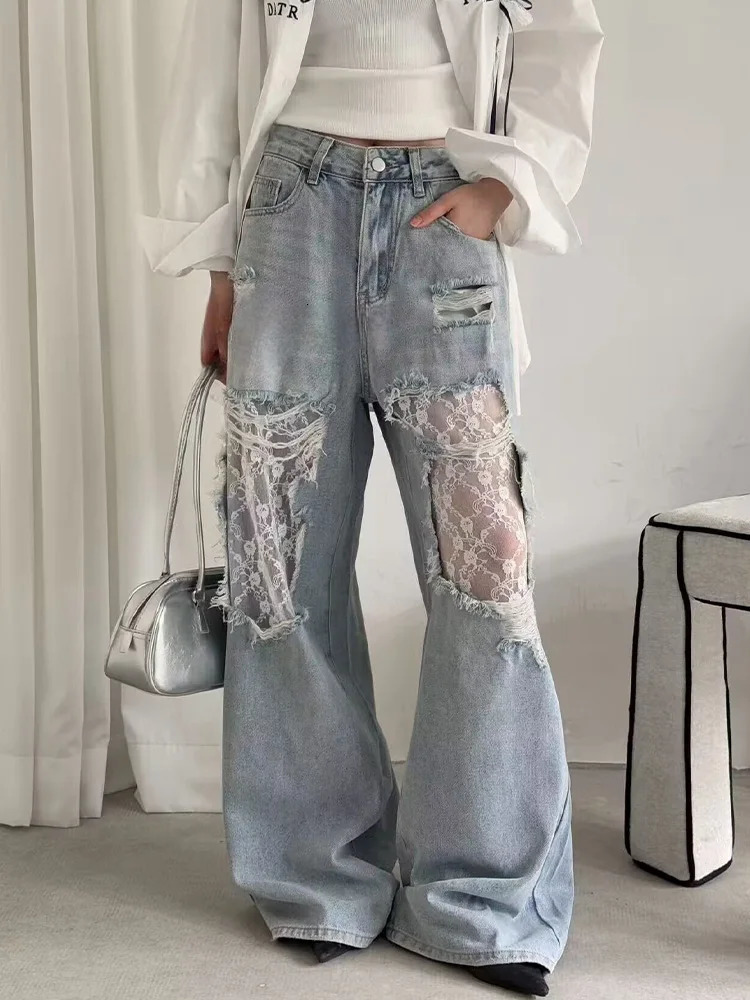 Womens Y2K American Style High Waist Lace Spliced Denim Pants Loose Wide Leg Trousers Fashion tie Hole Patchwork Jeans 260430