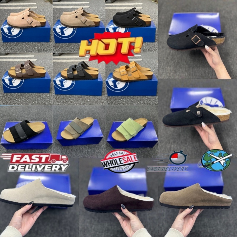 Designer style unisex Boston clogs sandals slippers cork flat soles high quality stylish genuine leather with plush cotton for A W good for summer b