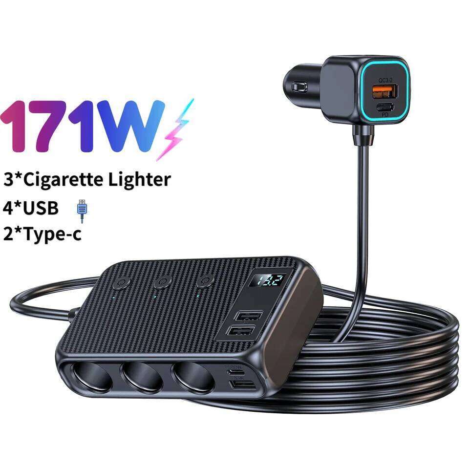 171W Car Charger Adapter 9 in 1 Lighter Splitter PD30W/QC 3.0 Independent Switches 12V/24V DC Cigarette Outlet
