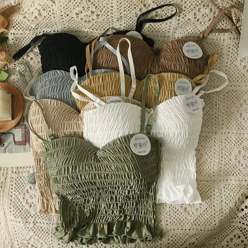 Sexy Skinny Crop Tops Woman Elegant Spaghetti Strap Chic Womens Tanks and Camis Pleated Tank Top Built In Bra Drop 260430