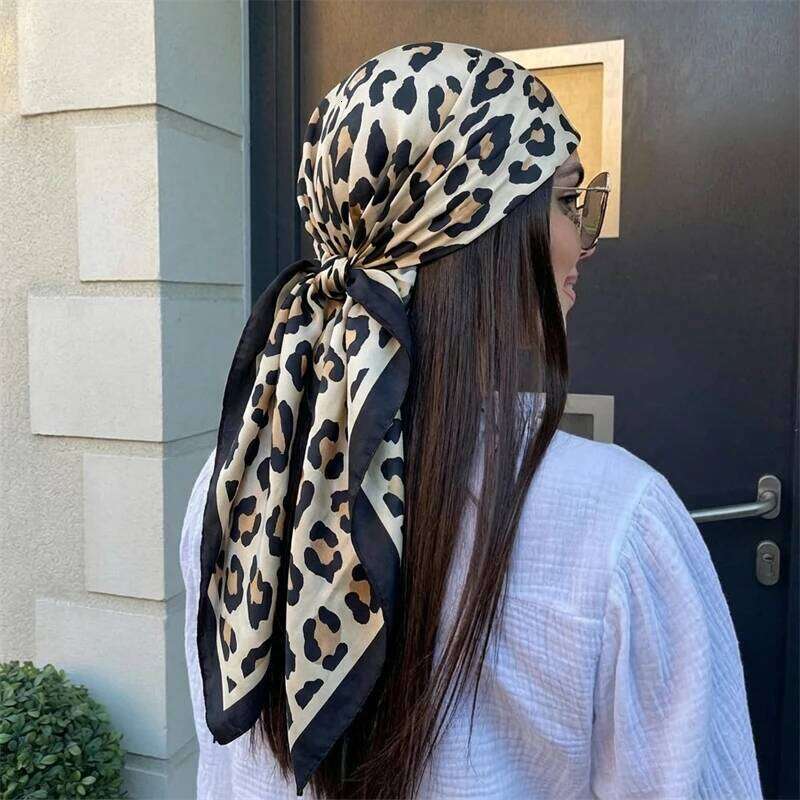 Luxury Brand 2026 Leopard Print Square Silk Scarf for Women Hijab Hair Bands 90cm Neckerchief Female Satin Shawl Ribbon Headband 26L0505