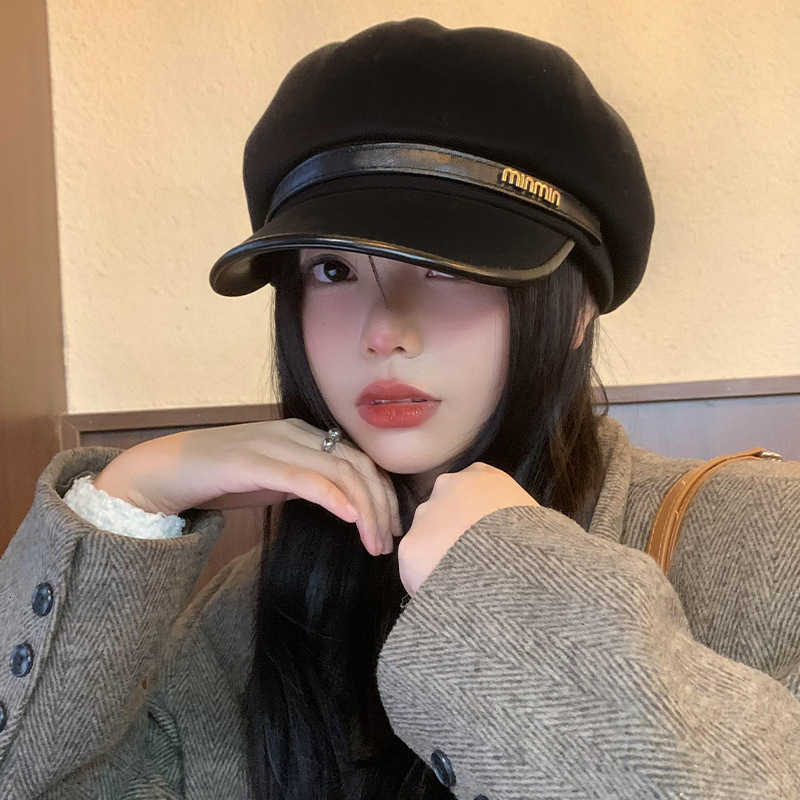 items fashionable Designer Black brand beret for women autumn and winter Korean style versatile faceslimming octagonal hat large head circu M260805