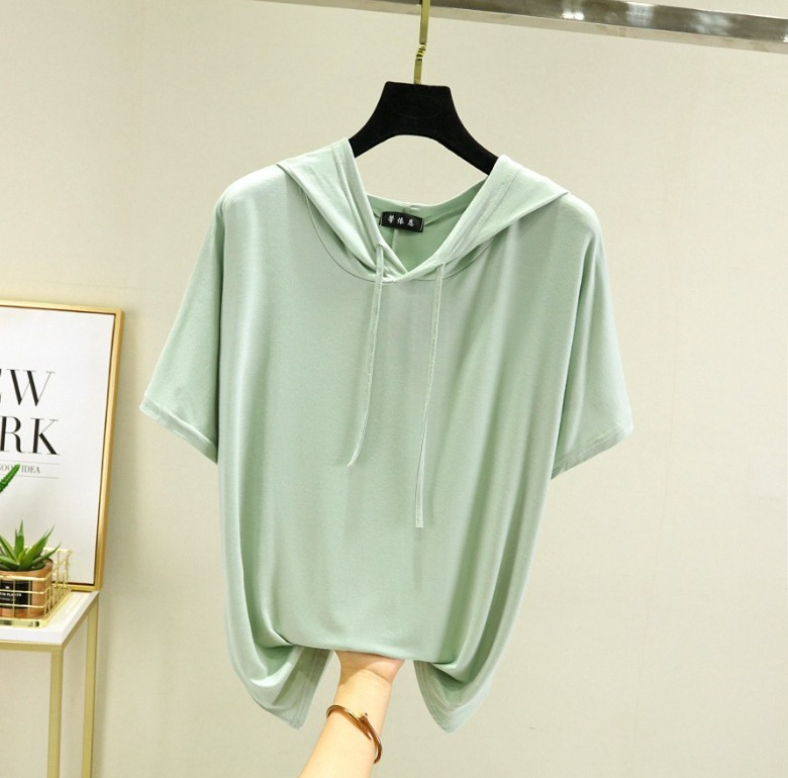 A406 T-shirt fin grande taille en Modal pour femmes, sweat-shirt d'été à capuche et manches courtes de couleur unie