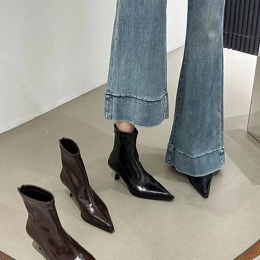 Elastic Fleece Lined High Heel Slim Boots Womens Zipper Back Fashionable Commute Style Mid-Calf Boots Winter Arrival 260430