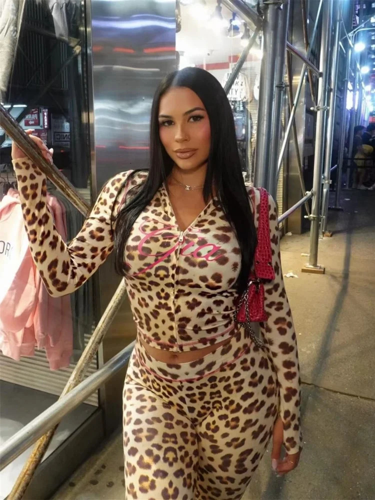 2Pcs Sexy Womens Zipper Hooded Cardigan Top High-Waisted Tight Trousers Two-piece Set Ladies Leopard Print Clothes Outfit 260430