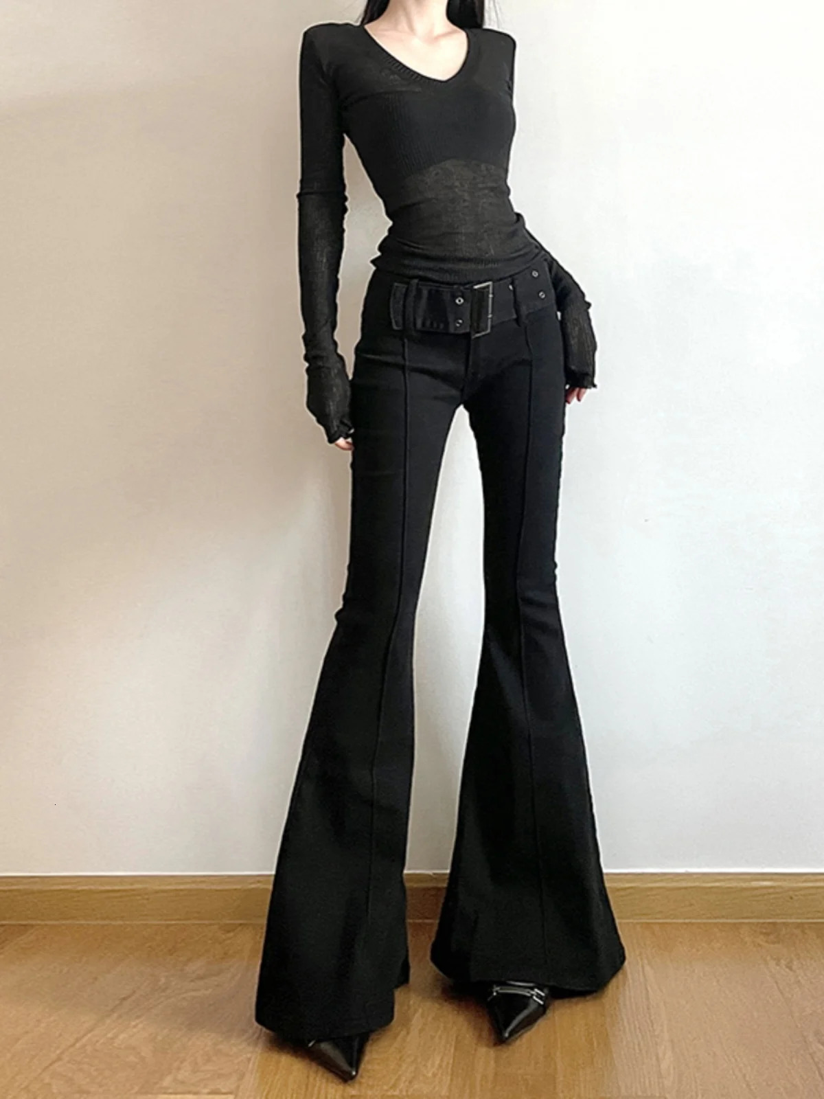 Womens Black Jeans Flare Pants Y2k Retro Emo 2000s Streetwear Fashion Trousers Harajuku Wide Yoga 90s Aesthetic Clothes 260430