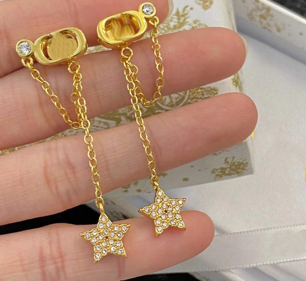 Luxery Brand Designer Designer Inspired Star Crystal Drop Earrings, Gold Plated Chain Tassel Stud Earrings