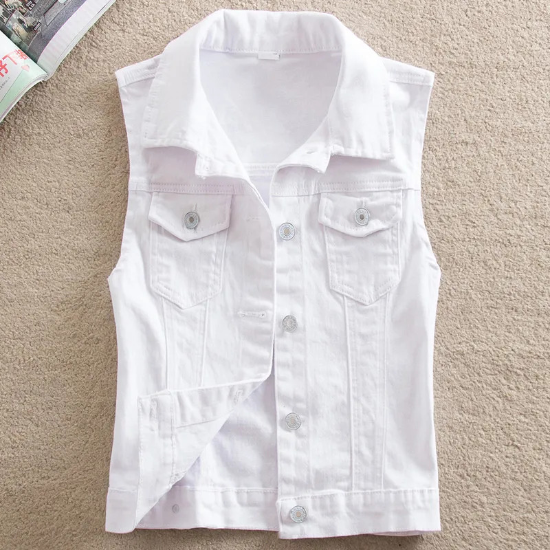 White Y2K Denim Vest Jacket for Women, Plus Size Button-Up Sleeveless Jean Coat with Two Chest and One Lower Pocket
