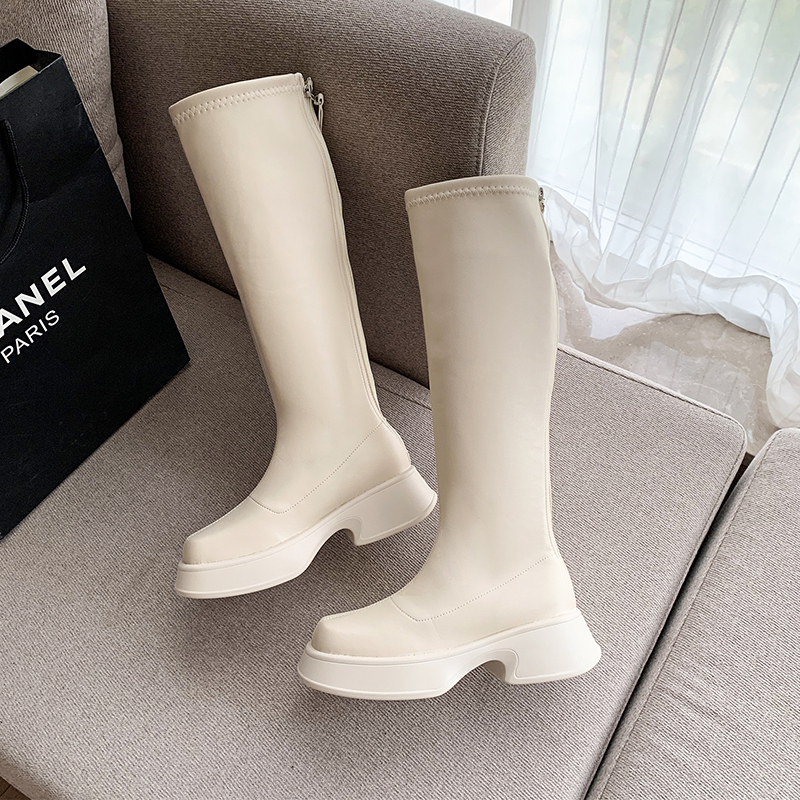 Autumn and Winter New Round Head Thick Sole Retro Heightening Mid-calf Boots with Velvet Warm and Comfortable Fashion Show Boots Women Long Boot Bac