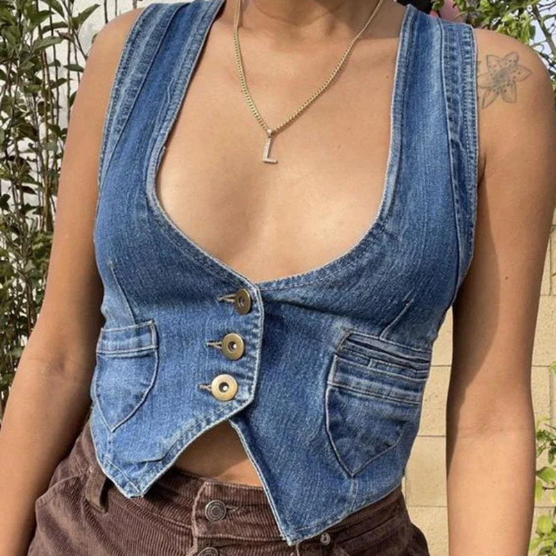 Combhasaki Womens Y2K Vintage Denim Vest Sleeveless V Neck Button Down Irregular Hem Outwear Gilet with Pockets Streetwear 260430