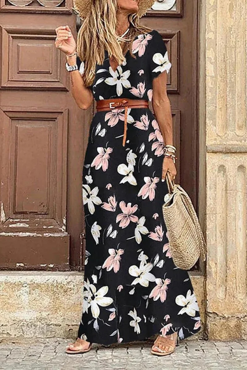 Womens Floral Summer Dress Wrap V Neck Short Sleeve Belted Ruffle Hem Bohemian Maxi Sun Dresses with Belt A Black 260429