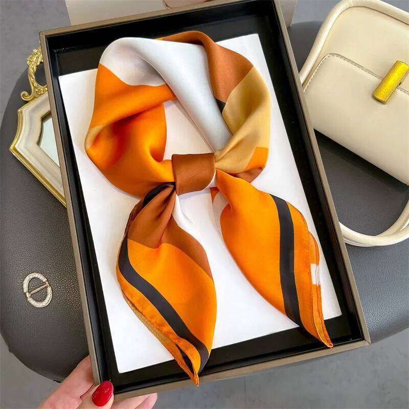 Luxury 2024 Plaid Print Square Silk Scarf for Women Hijab Hair Bands 70cm Neckerchief Female Satin Shawl Ribbon Headband 26H0505