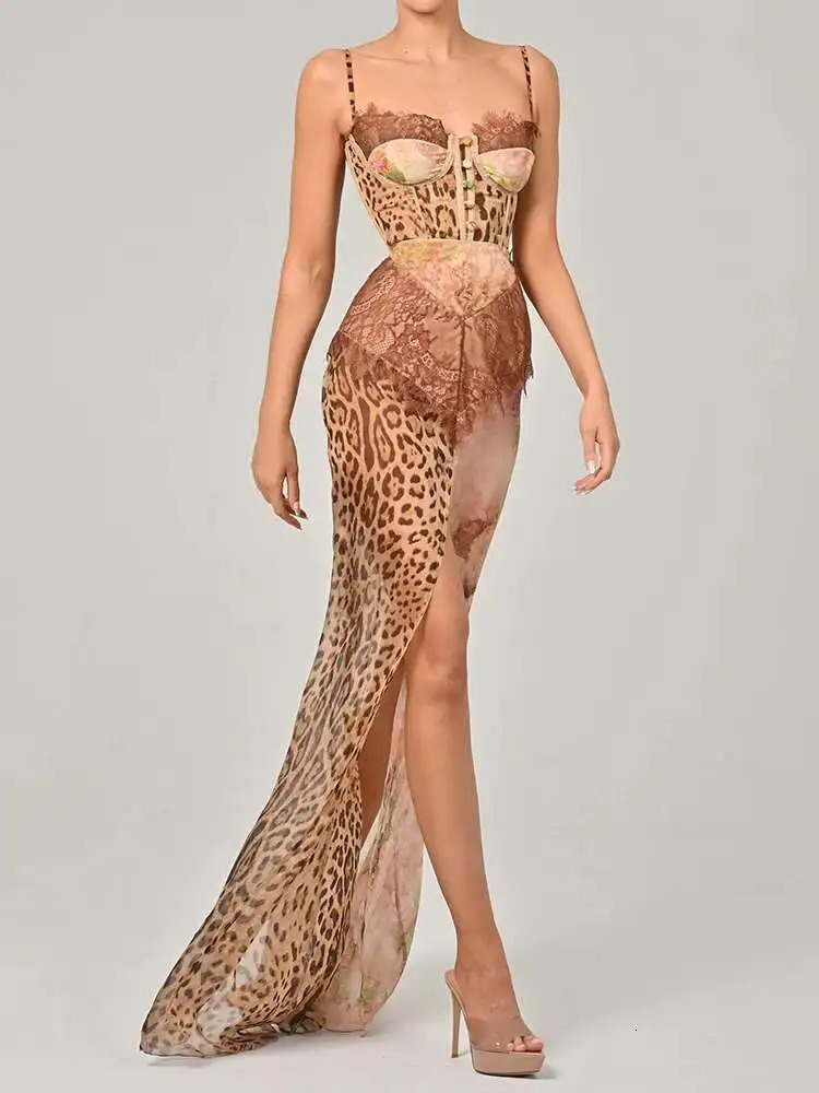 Blifanbo Sexy Leopard Print Lace Split Maxi Dress Women Gown Elegant Sleeveless Patchwork Chiffon Backless Beach Evening Dress 260430