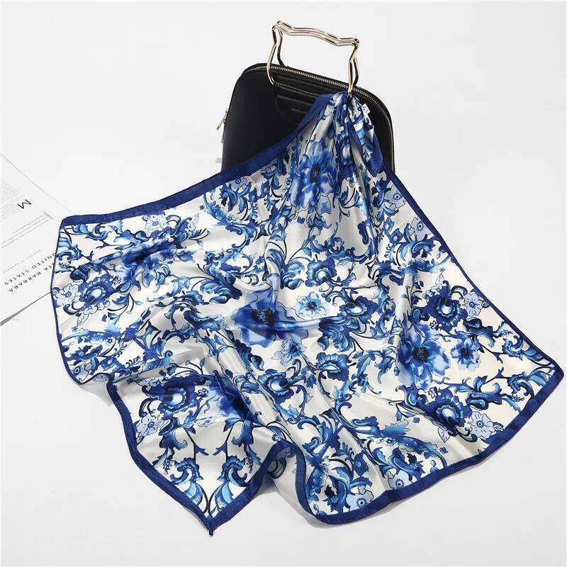 Blue and White Scarf Women Bandana Hijab Neck Scarves Satin Silk Print Bag 60x60cm Handkerchief Chic Shawl Headscarf Hair 2023 26L0505