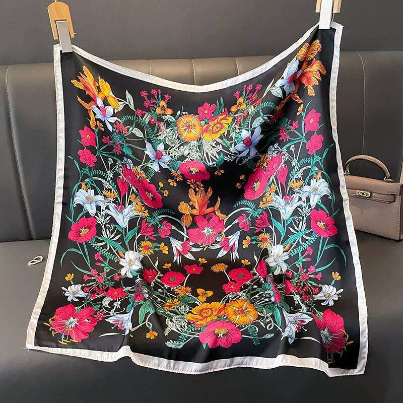 Luxury New Women's Silk Satin Hair Scarves Fashion Square Flower Printed Headscarf 70cm Professional Designer Scarf Headband 26L0505