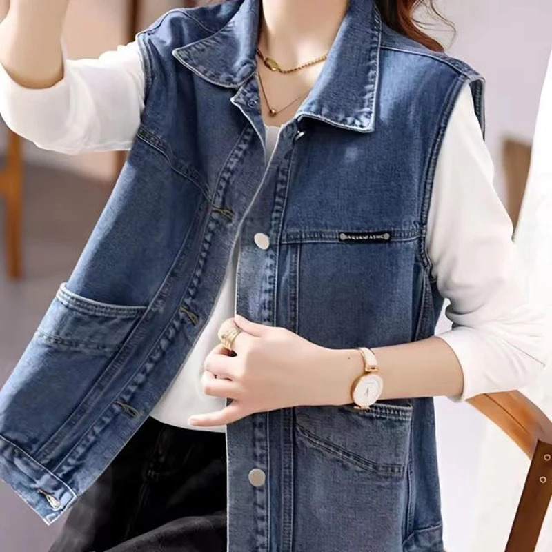 Vintage Women Denim Vest Jacket 2025 Spring Summer Sleeveless Casual Top Blue Jean Waistcoat Coat Lady Oversize Pocket Outerwear 260430